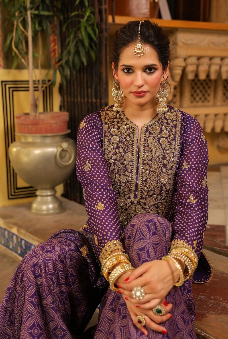 Purple Printed Mehfil Sharara Set