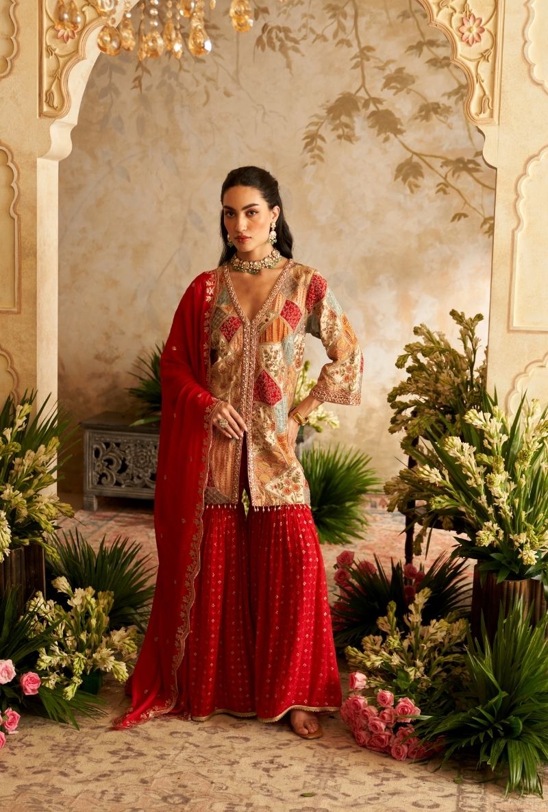 Red Abstract Embroidery Patches Rumi Gharara Set