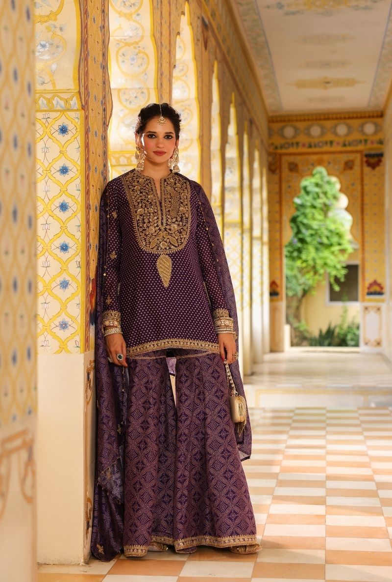 Purple Printed Mehfil Sharara Set