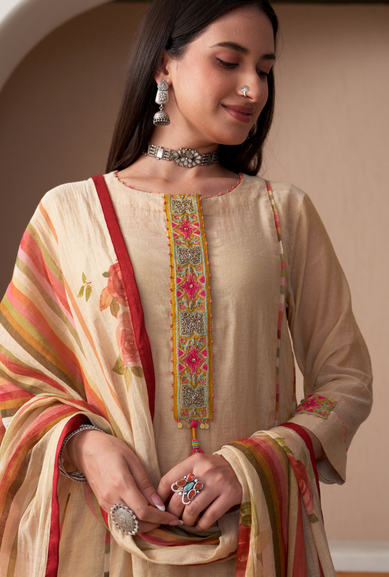 Ivory Embroidered Placket Bageecha Anarkali Set