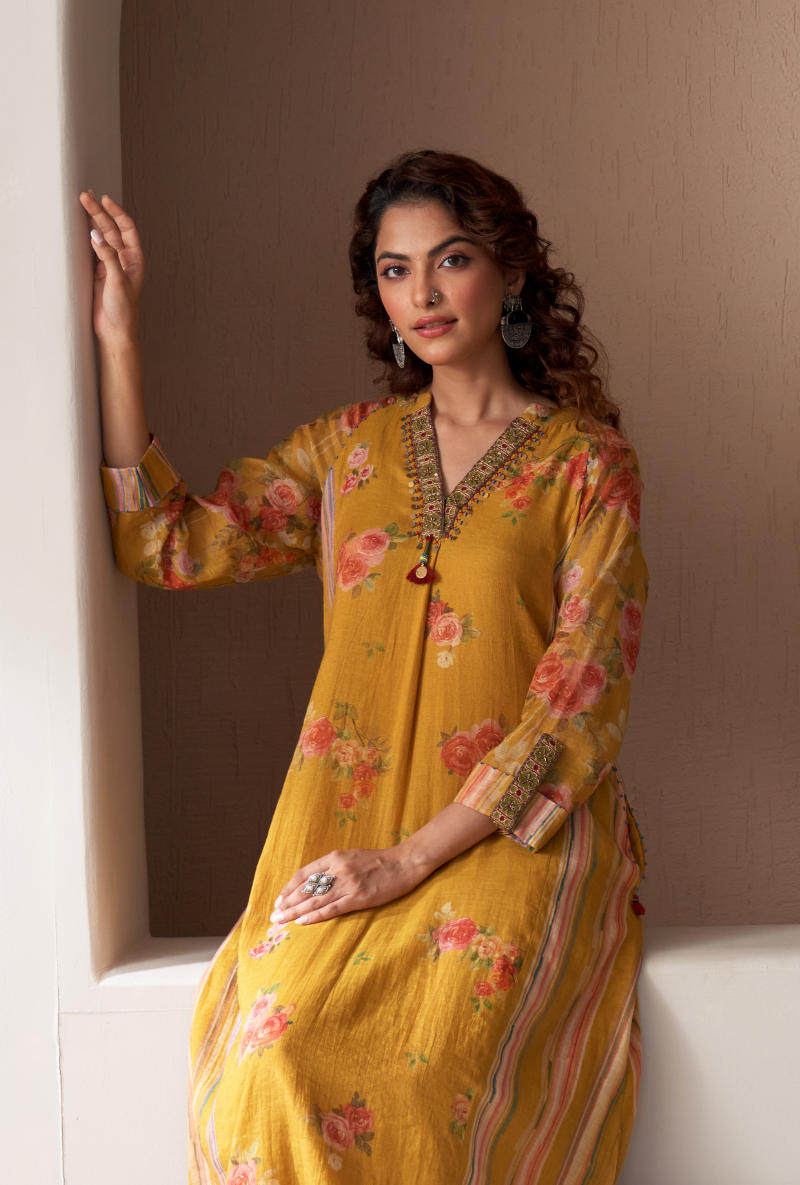 Mustard Embroidered V Neck Bageecha Kurta Set
