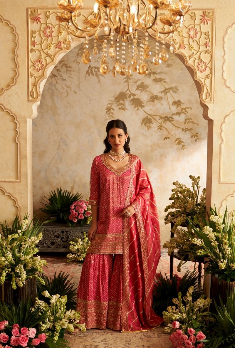 Rani Pink Bandhini Rumi Gharara Set