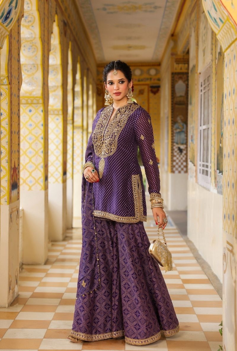 Purple Printed Mehfil Sharara Set