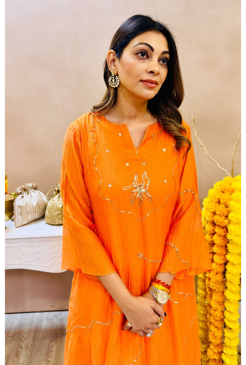 Meghna Nayyar In Orange Pitta Embroidery Dor Kurta Set