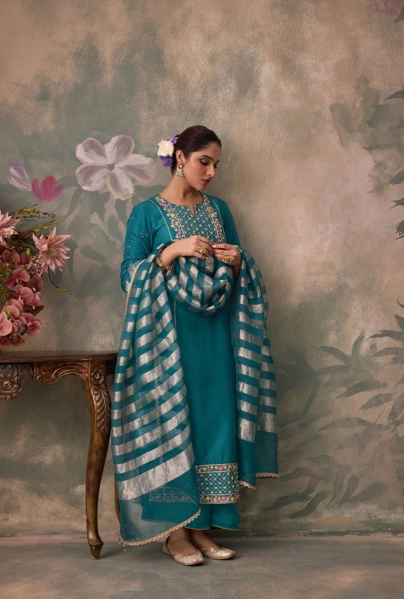 Teal Green Embroidered Jaal Yoke Jalsa Kurta Set