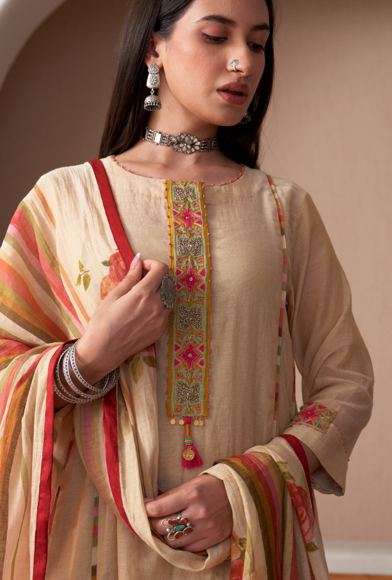 Ivory Embroidered Placket Bageecha Anarkali Set