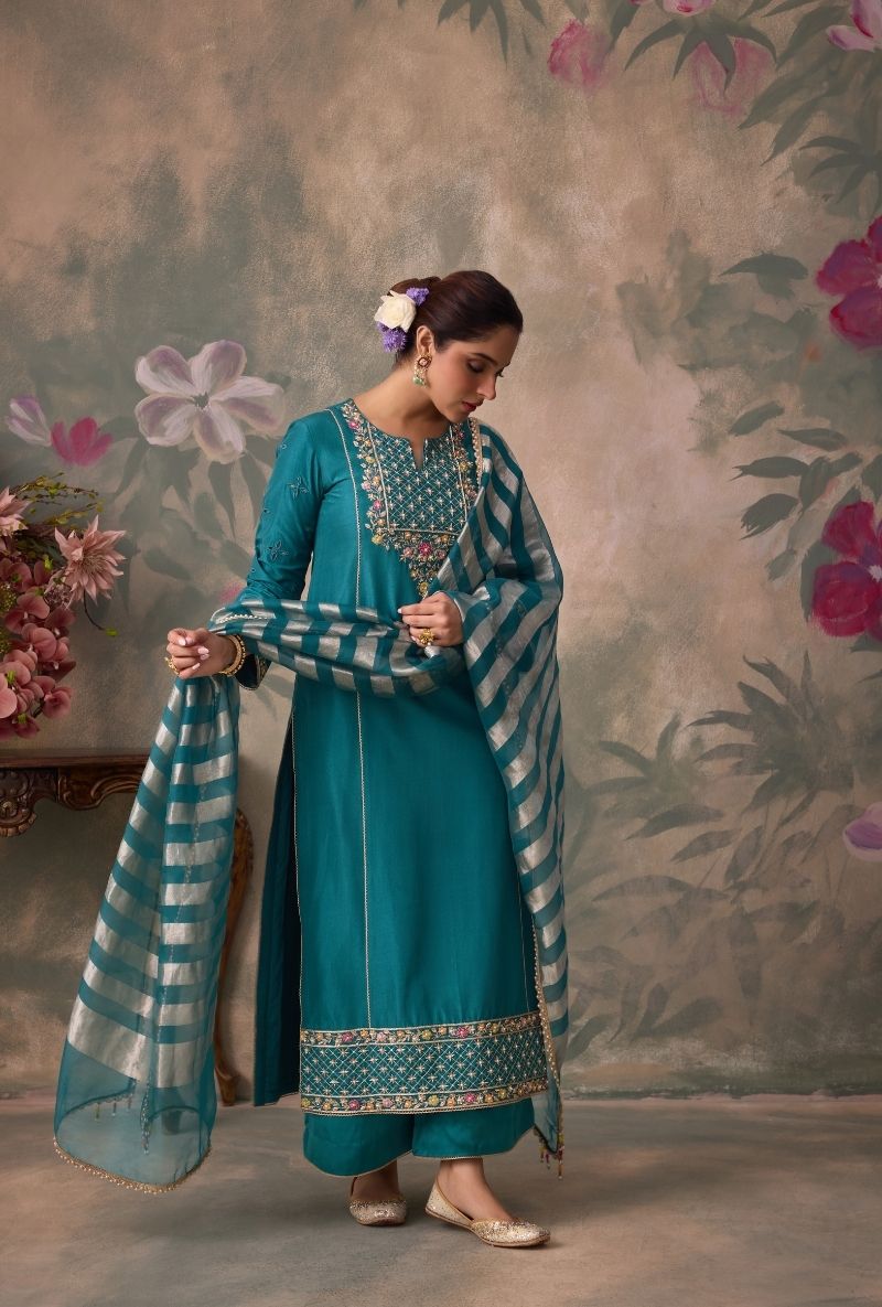 Teal Green Embroidered Jaal Yoke Jalsa Kurta Set