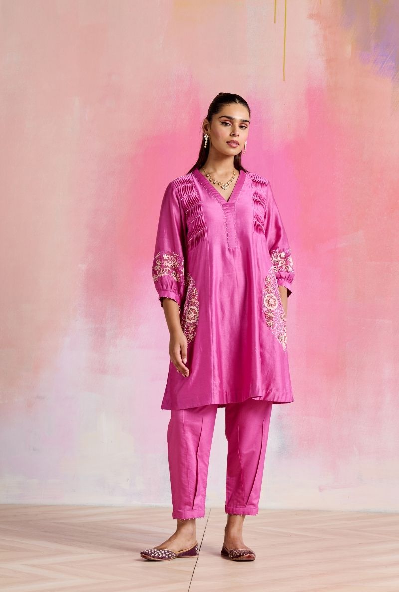 Magenta Pink Fine Pleated Smocking Amara Kurta Set