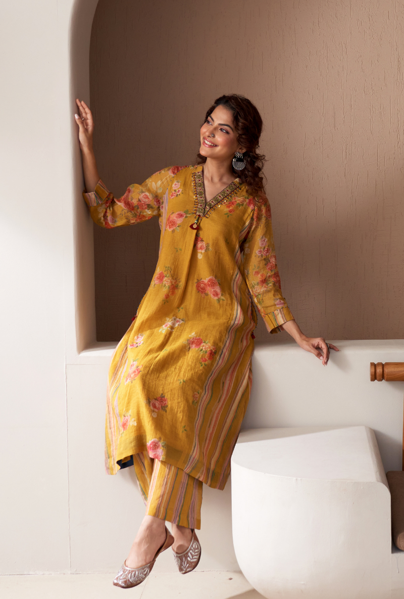 Mustard Embroidered V Neck Bageecha Kurta Set