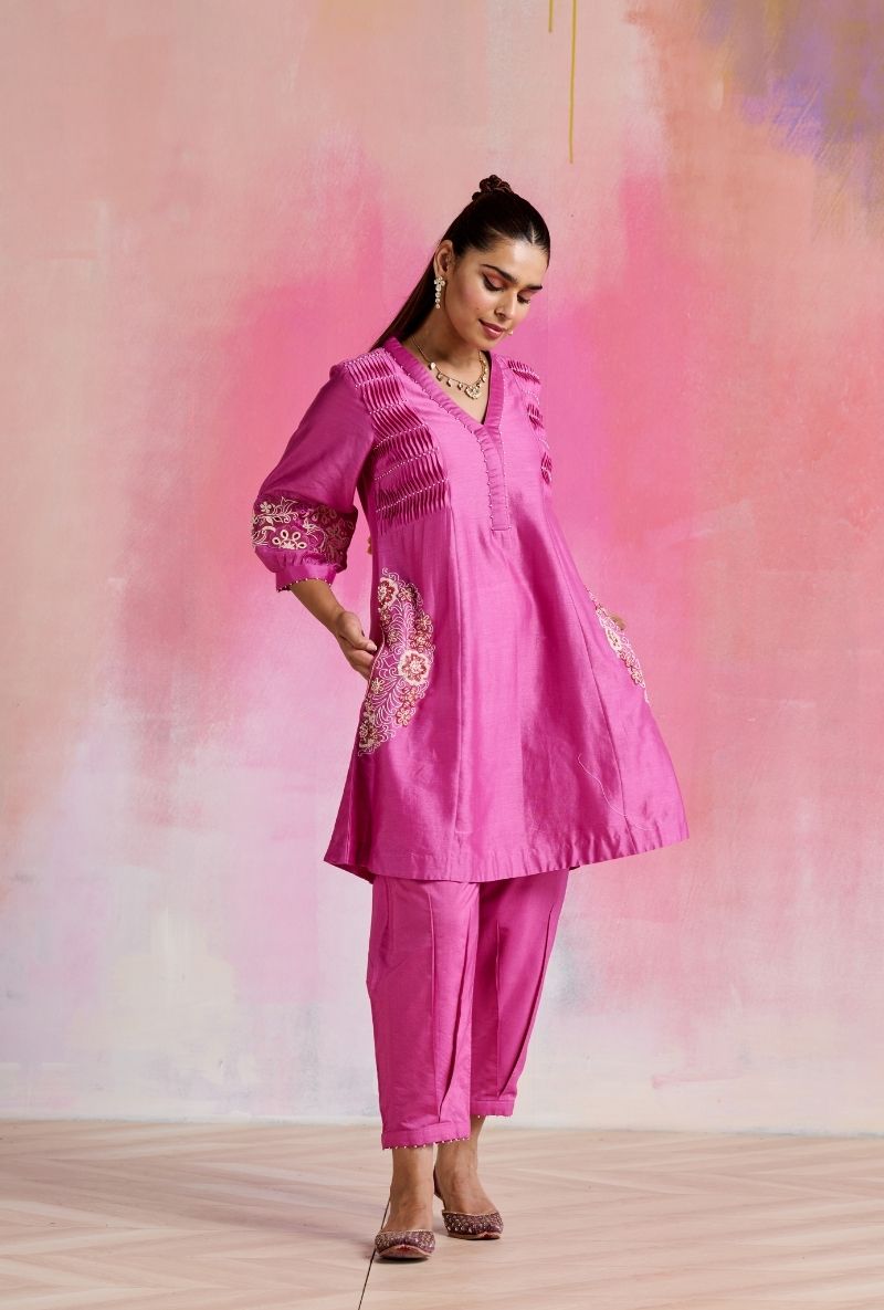 Magenta Pink Fine Pleated Smocking Amara Kurta Set