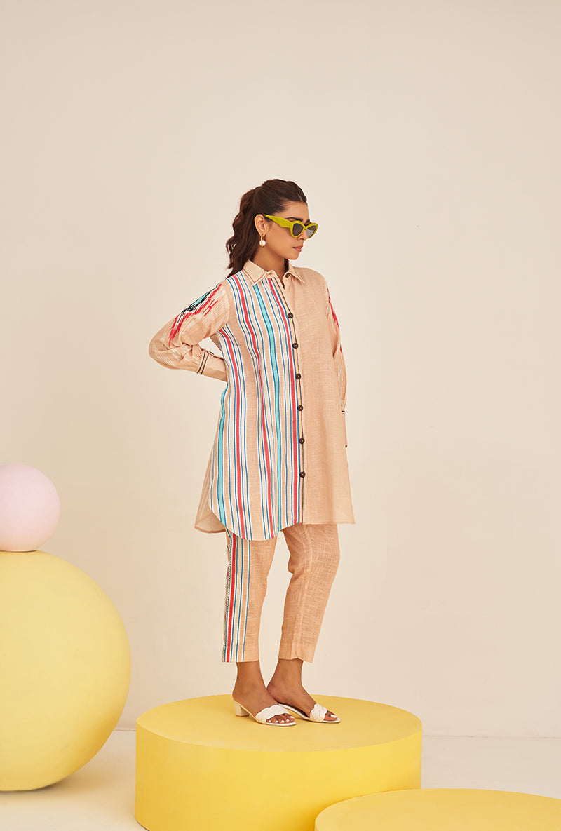 Beige Multi Stripe Long Shirt Bella Co-ord Set