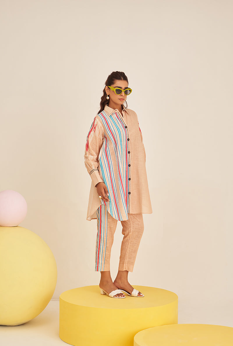 Beige Multi Stripe Long Shirt Bella Co-ord Set