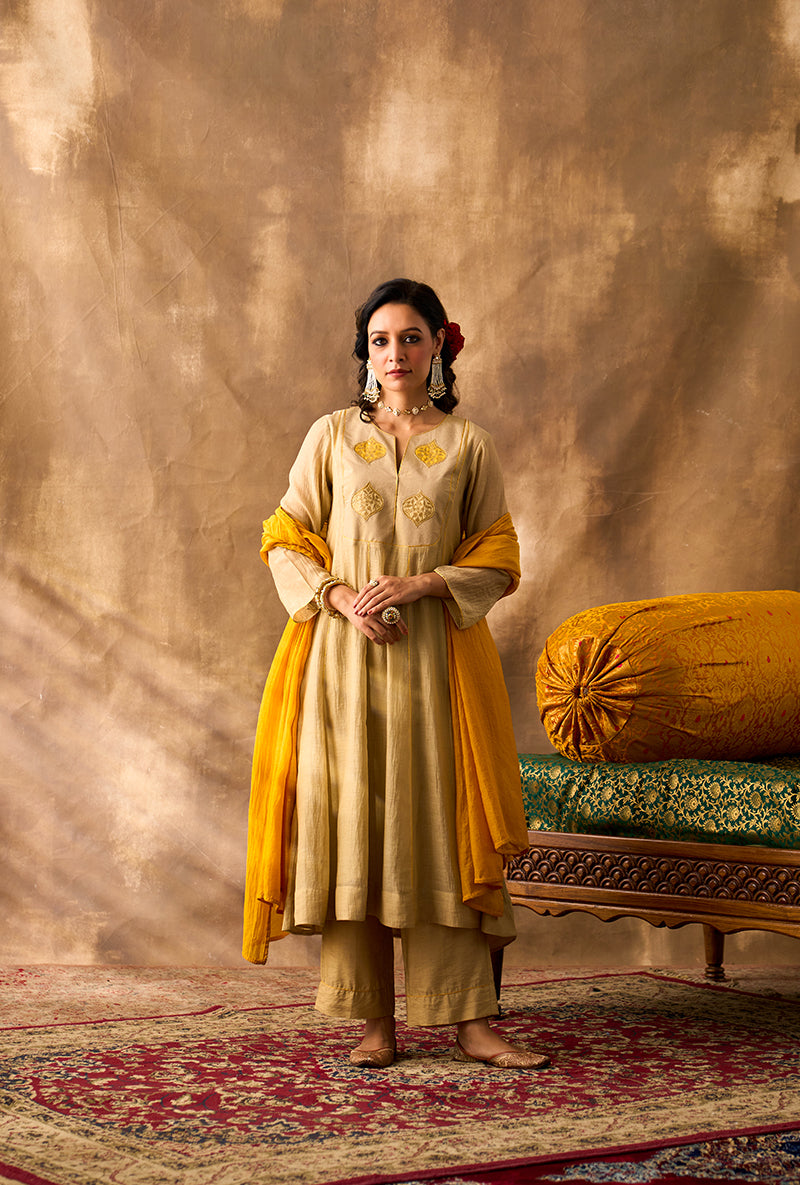 Beige Yellow Patch Khwaab Anarkali Set