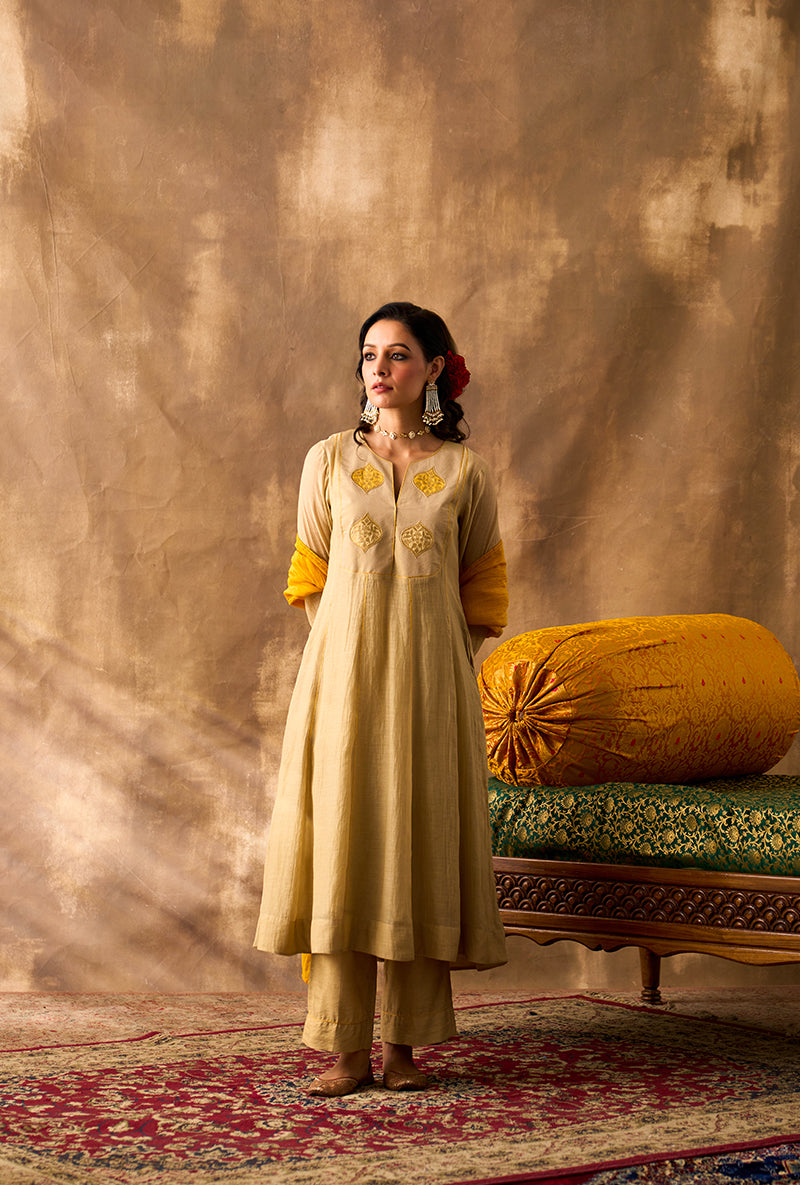 Beige Yellow Patch Khwaab Anarkali Set