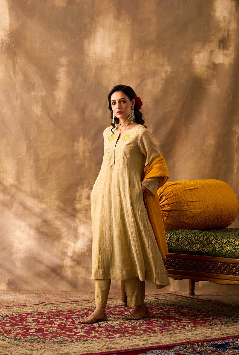 Beige Yellow Patch Khwaab Anarkali Set