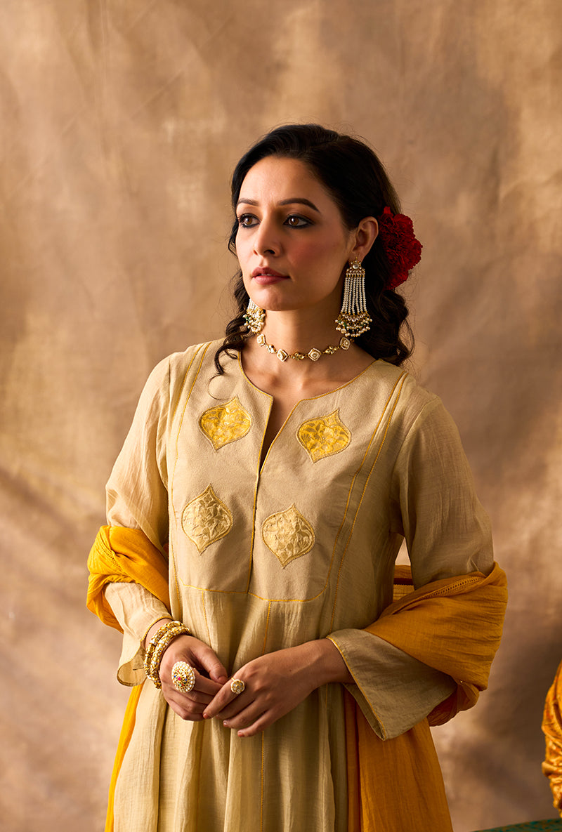 Beige Yellow Patch Khwaab Anarkali Set