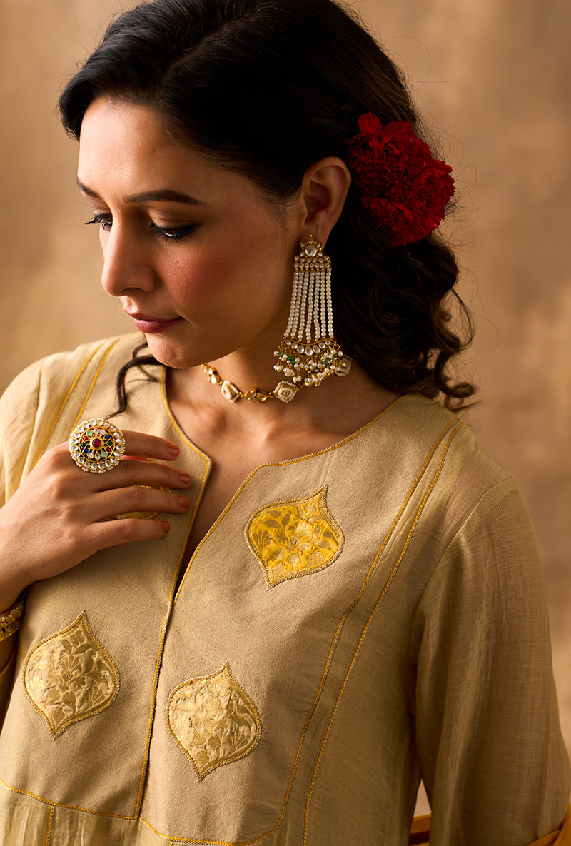 Beige Yellow Patch Khwaab Anarkali Set