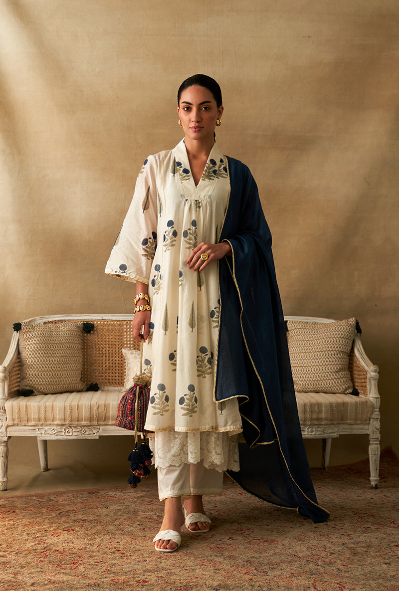 Blue And White Mughal Block Print Marigold Kurta Set