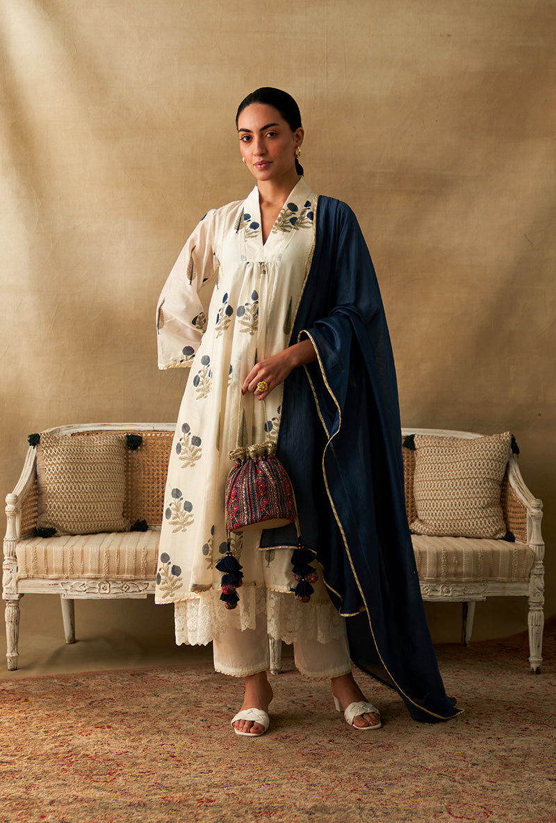 Blue And White Mughal Block Print Marigold Kurta Set