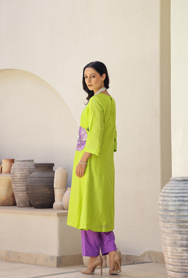 Green And Purple Garden Printed A Line Magnolia Kurta Set