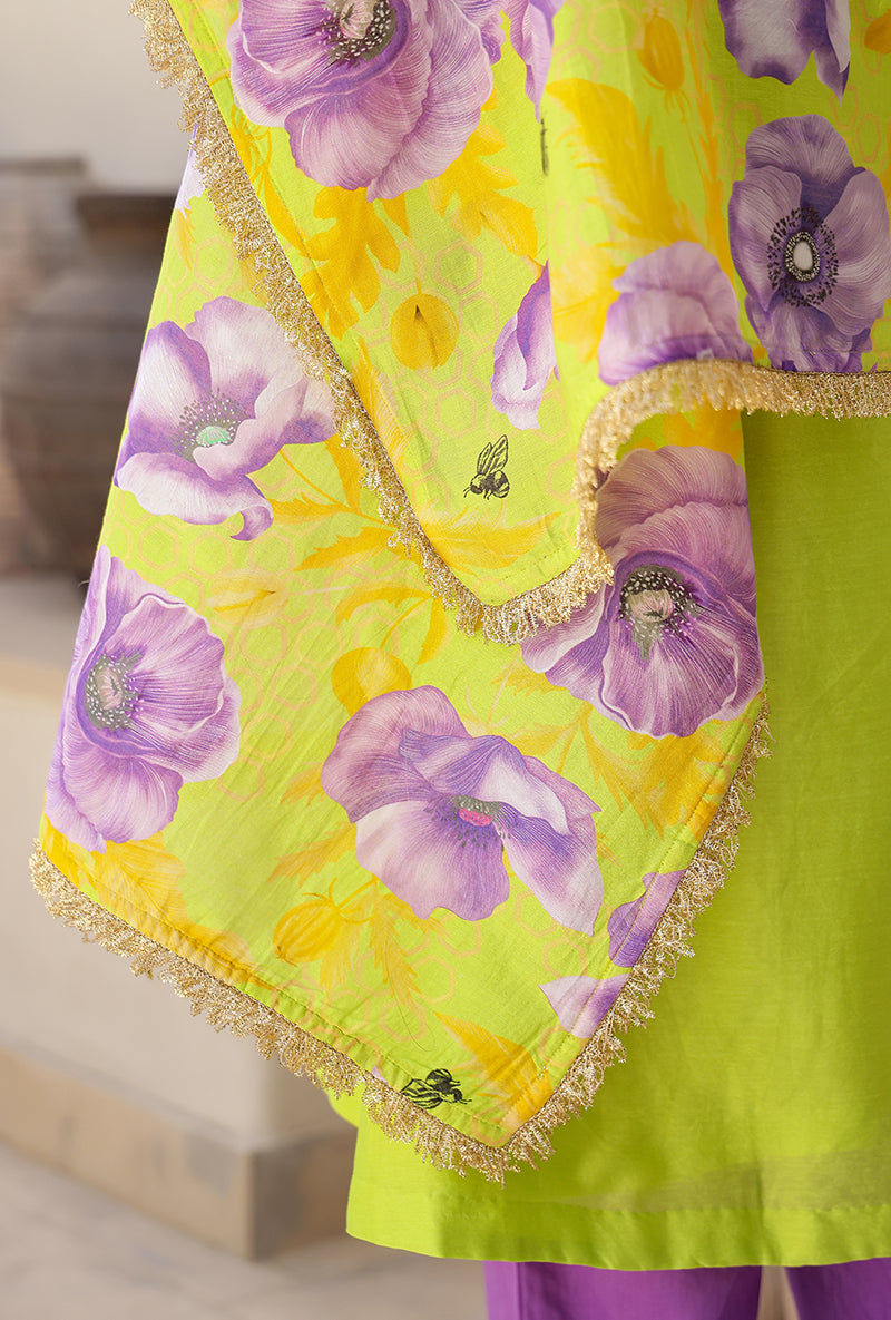 Green And Purple Garden Printed A Line Magnolia Kurta Set