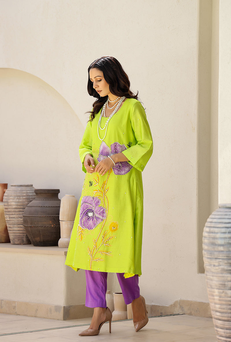 Green And Purple Garden Printed A Line Magnolia Kurta Set