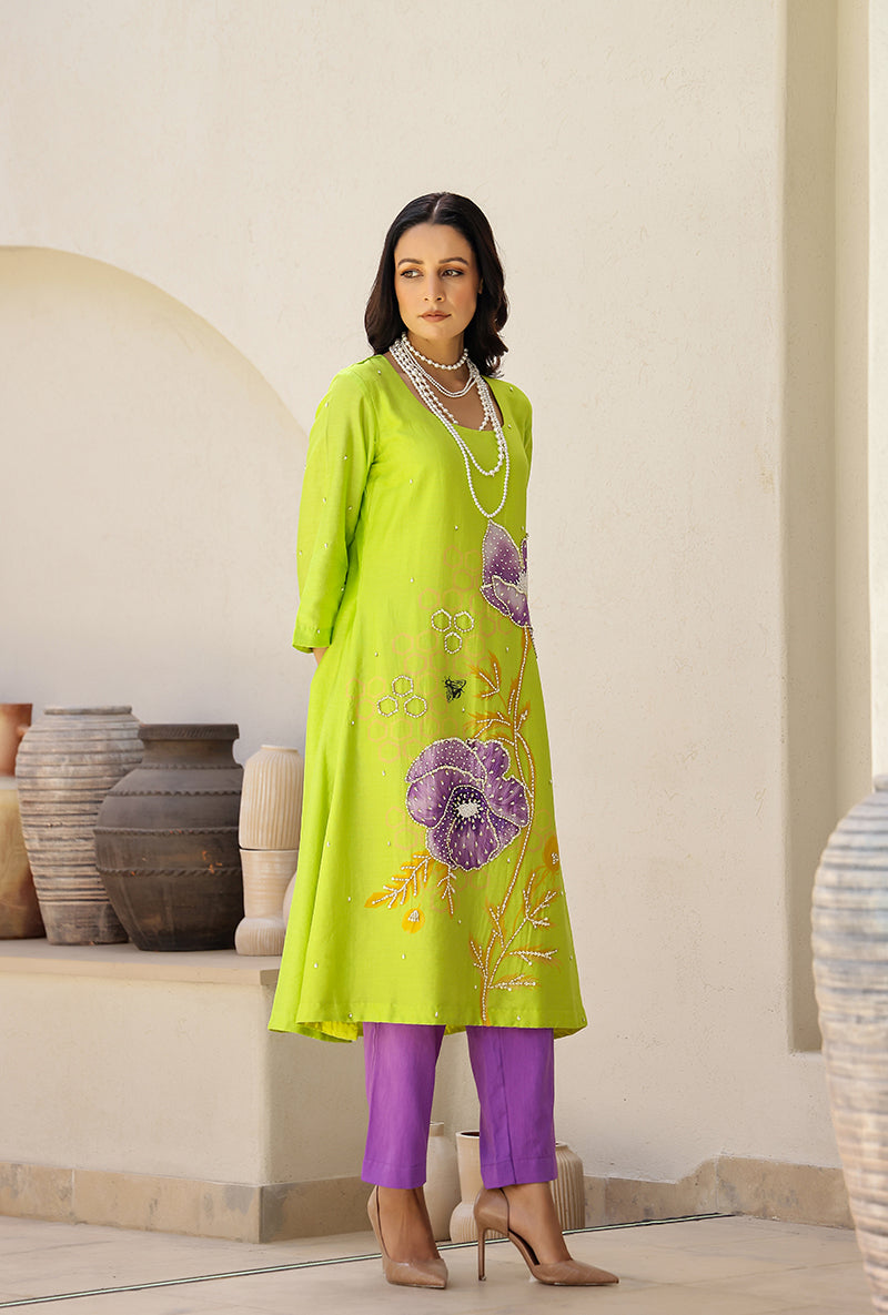 Green And Purple Garden Printed A Line Magnolia Kurta Set