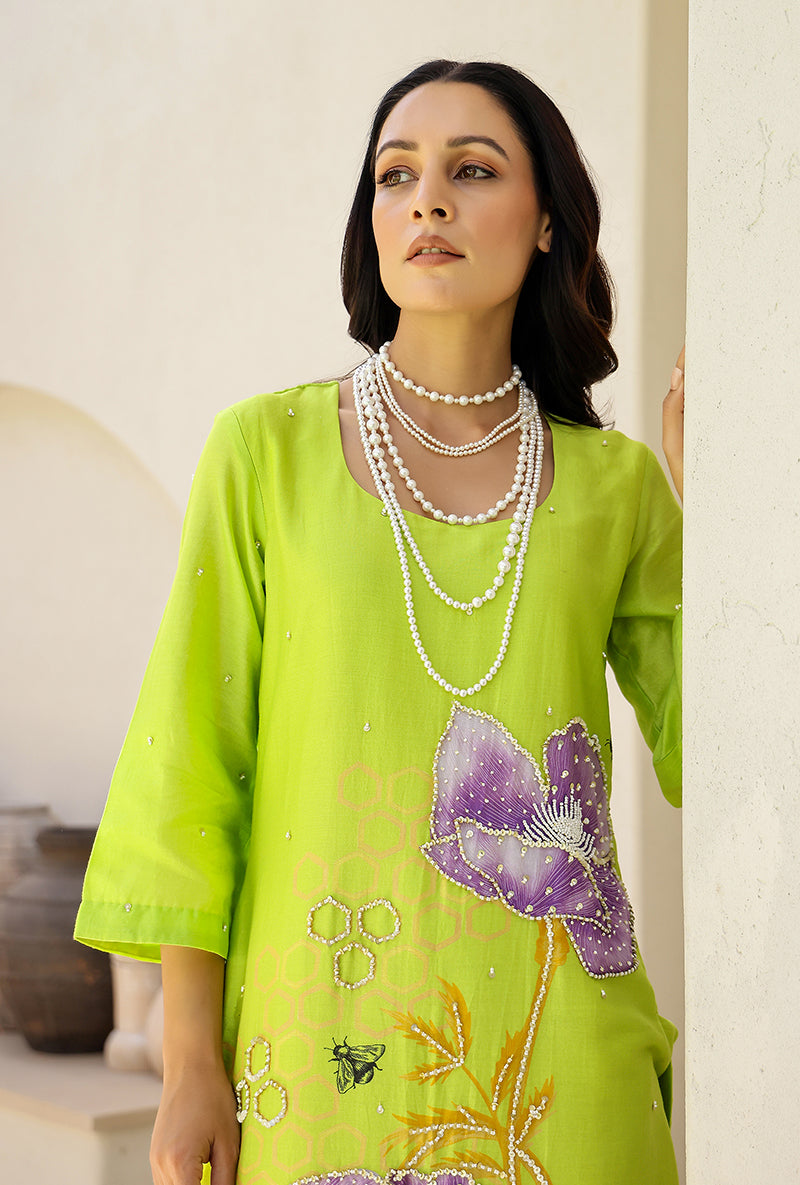Green And Purple Garden Printed A Line Magnolia Kurta Set