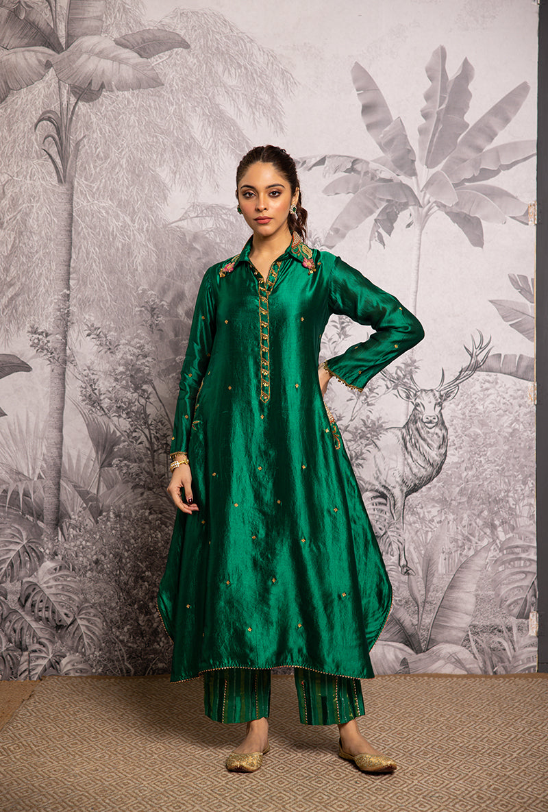 Green Cheent Embroidery Solid Collar Pocket Shaheen Kurta Set