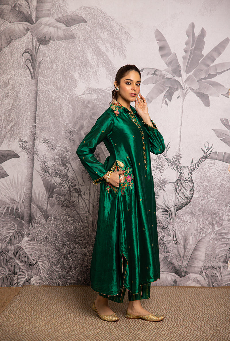 Green Cheent Embroidery Solid Collar Pocket Shaheen Kurta Set