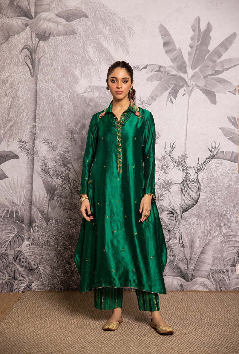 Green Cheent Embroidery Solid Collar Pocket Shaheen Kurta Set