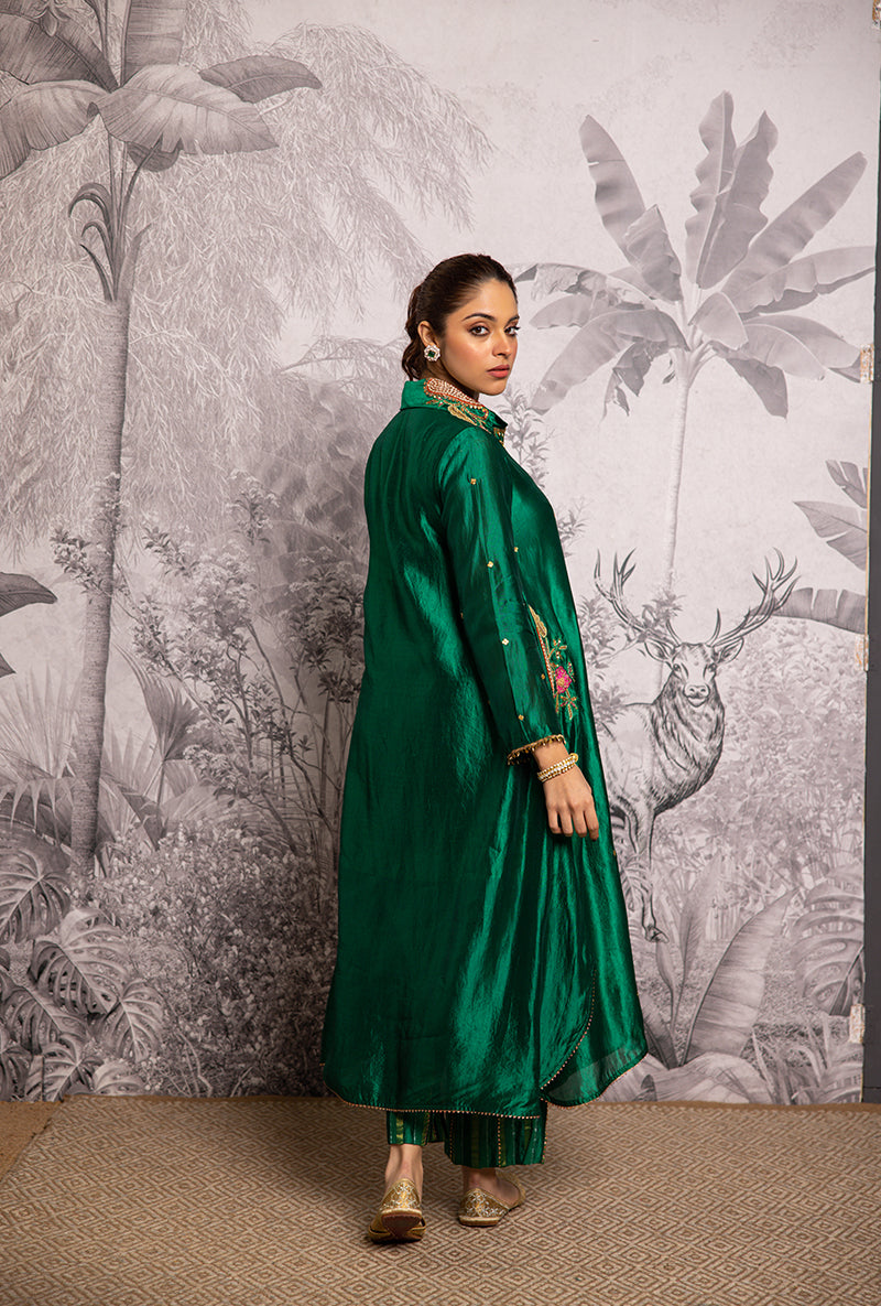 Green Cheent Embroidery Solid Collar Pocket Shaheen Kurta Set