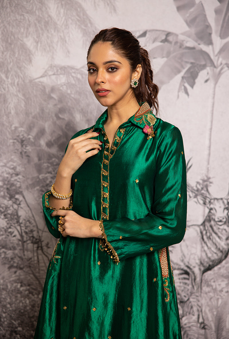Green Cheent Embroidery Solid Collar Pocket Shaheen Kurta Set