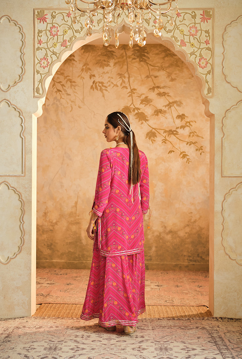 Hot Pink Chevron Floral Printed Goonj Sharara Set