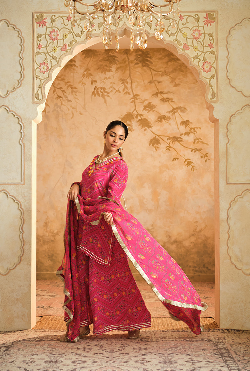 Hot Pink Chevron Floral Printed Goonj Sharara Set