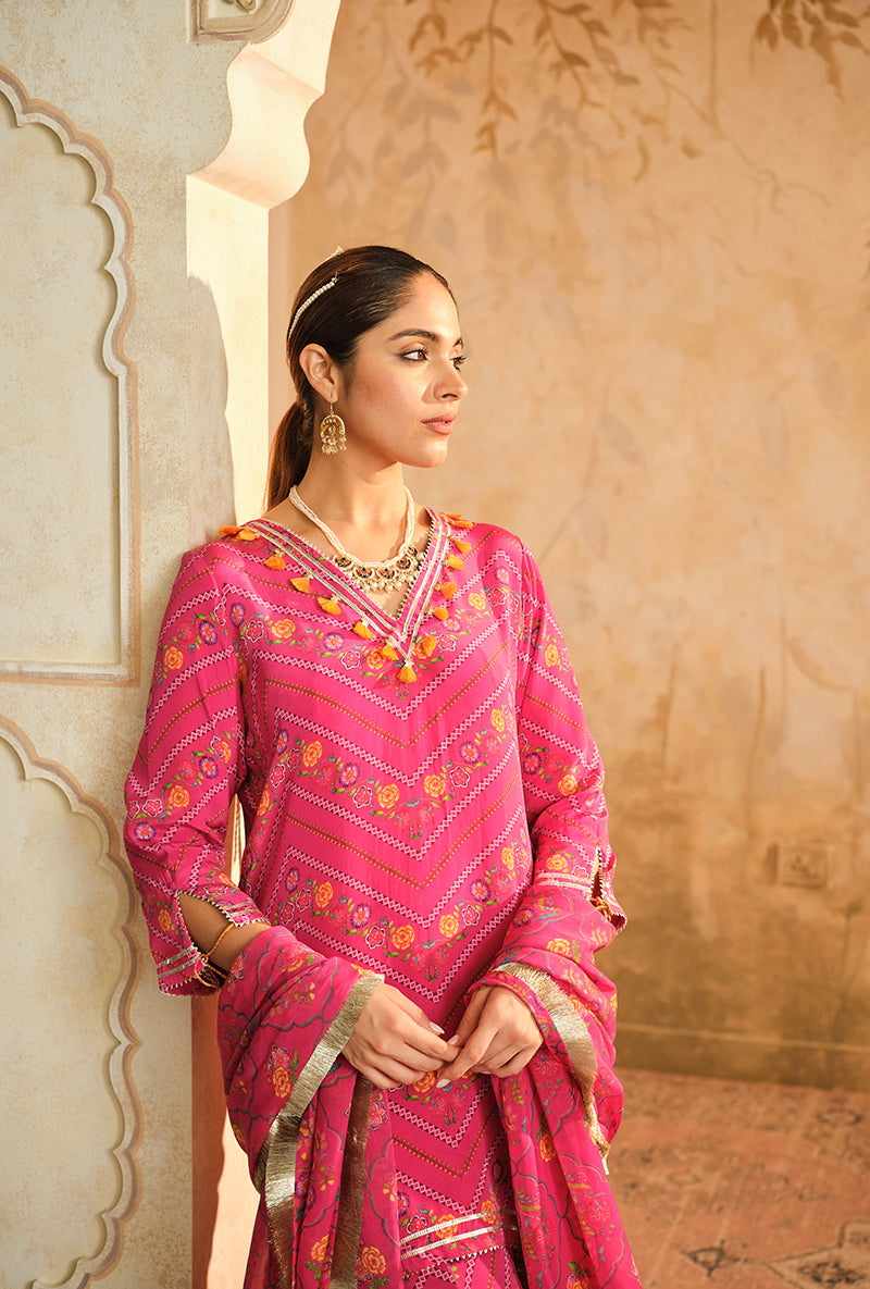 Hot Pink Chevron Floral Printed Goonj Sharara Set