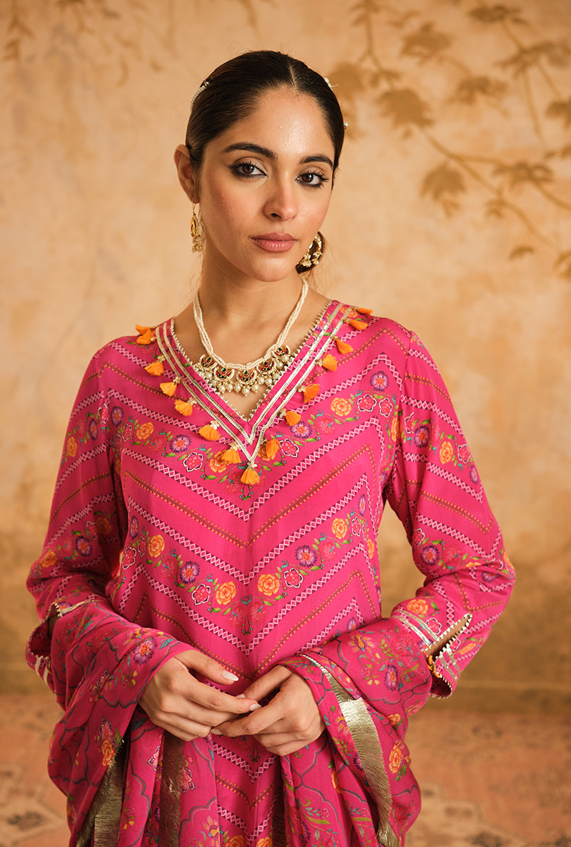 Hot Pink Chevron Floral Printed Goonj Sharara Set