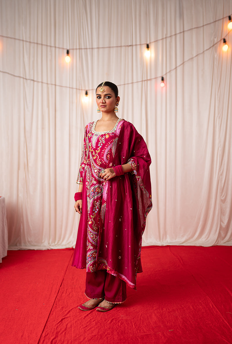 Maroon Embroidered Side Panel Kikli Kurta Set