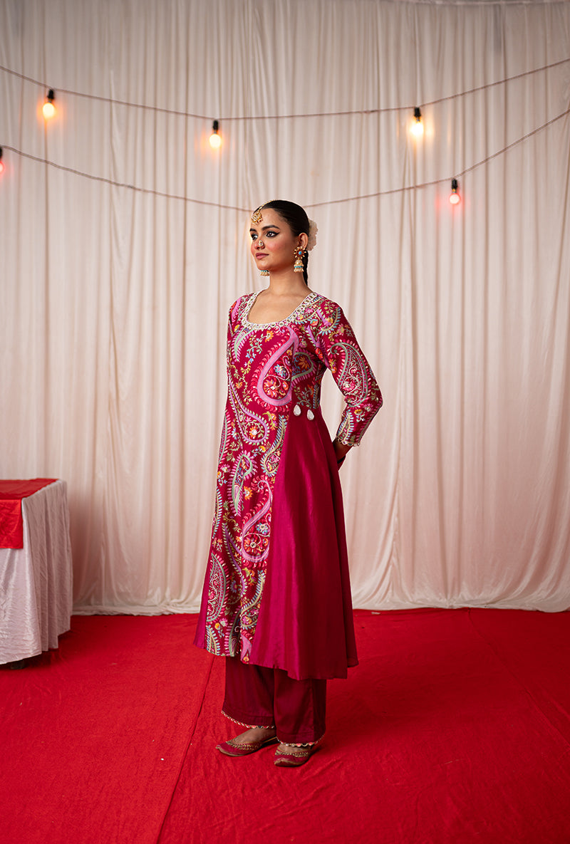 Maroon Embroidered Side Panel Kikli Kurta Set