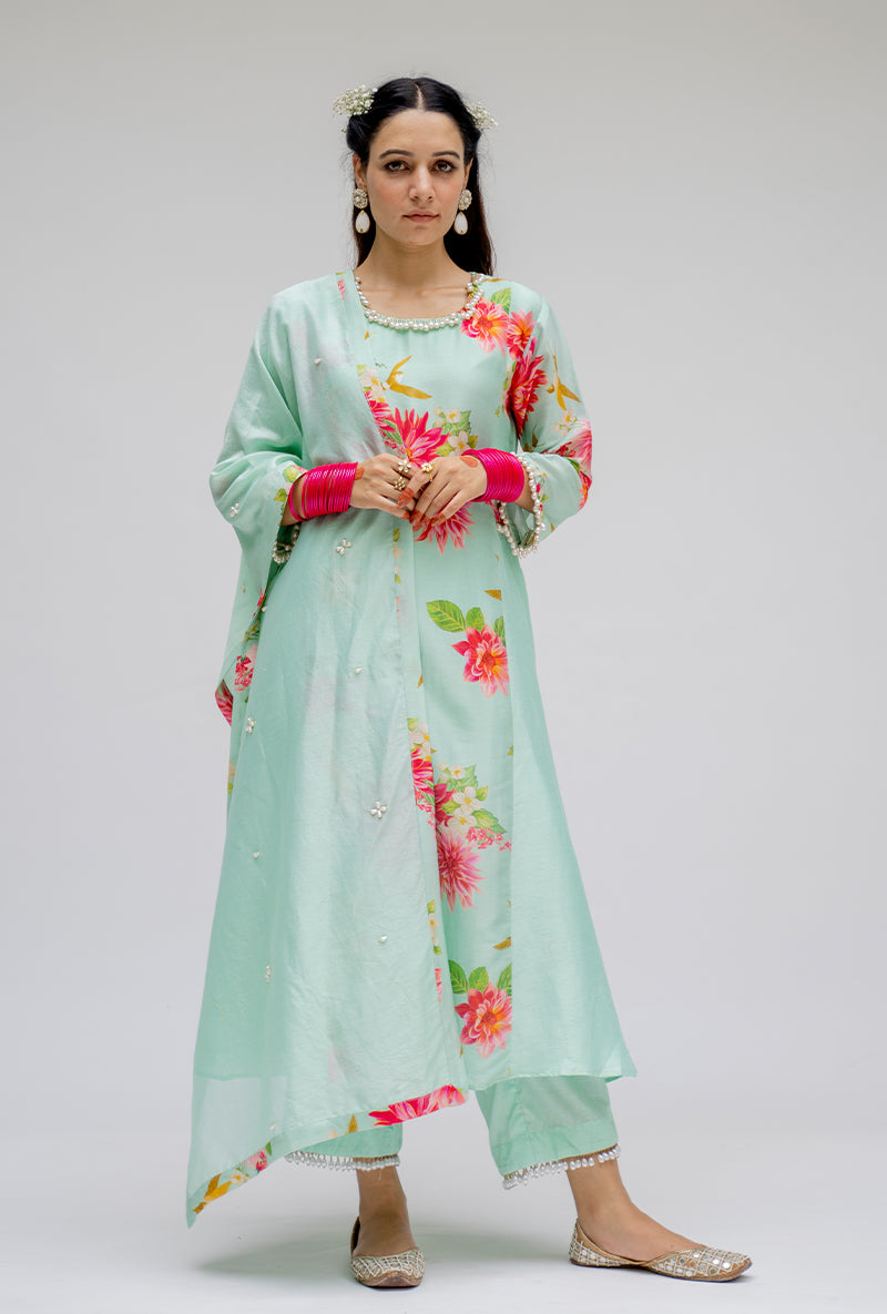 Mint Printed Side Panel Nyra Kurta Set