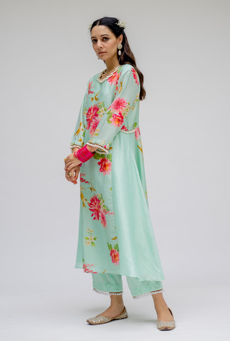 Mint Printed Side Panel Nyra Kurta Set