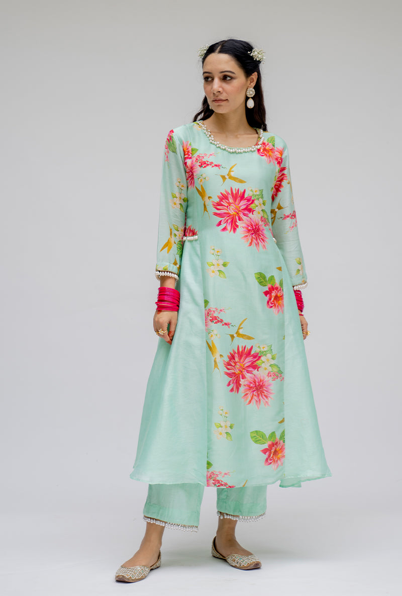Mint Printed Side Panel Nyra Kurta Set
