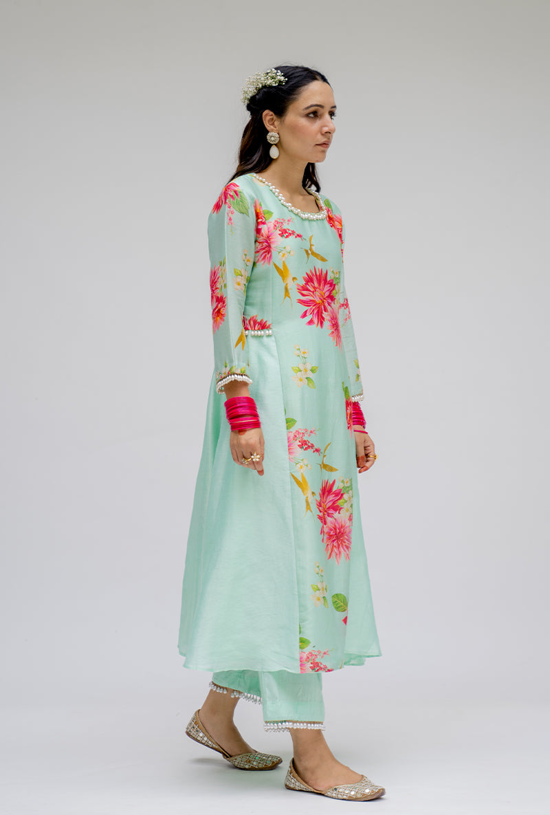 Mint Printed Side Panel Nyra Kurta Set