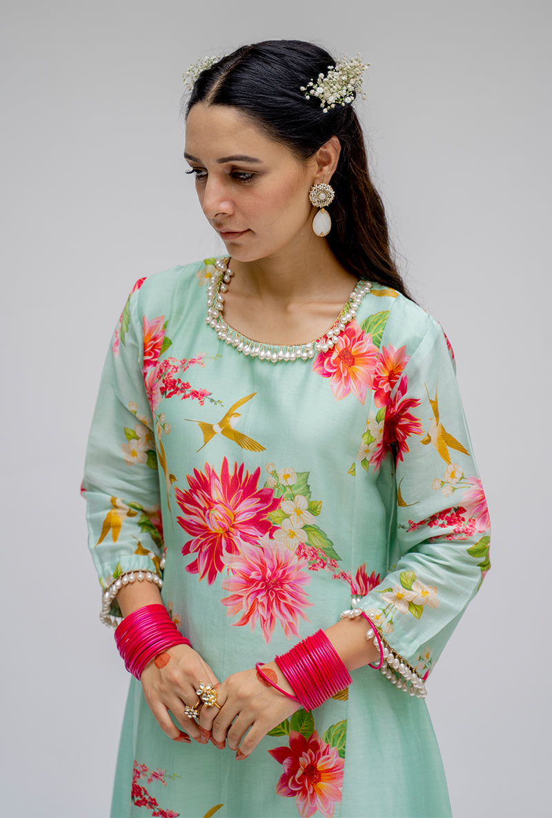 Mint Printed Side Panel Nyra Kurta Set