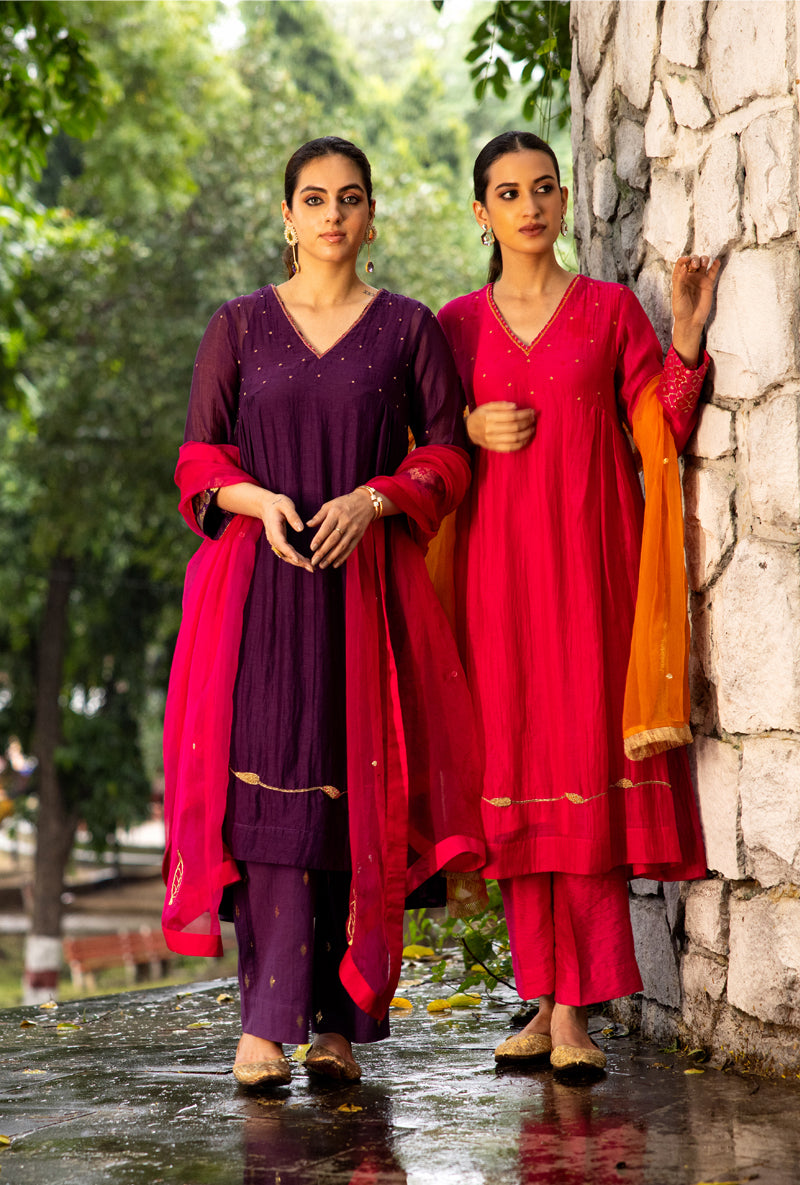Purple French Knot Work Dor Kurta Set