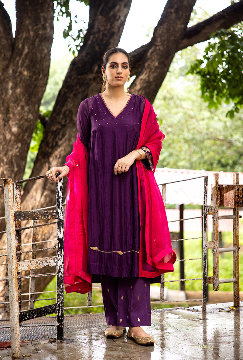 Purple French Knot Work Dor Kurta Set
