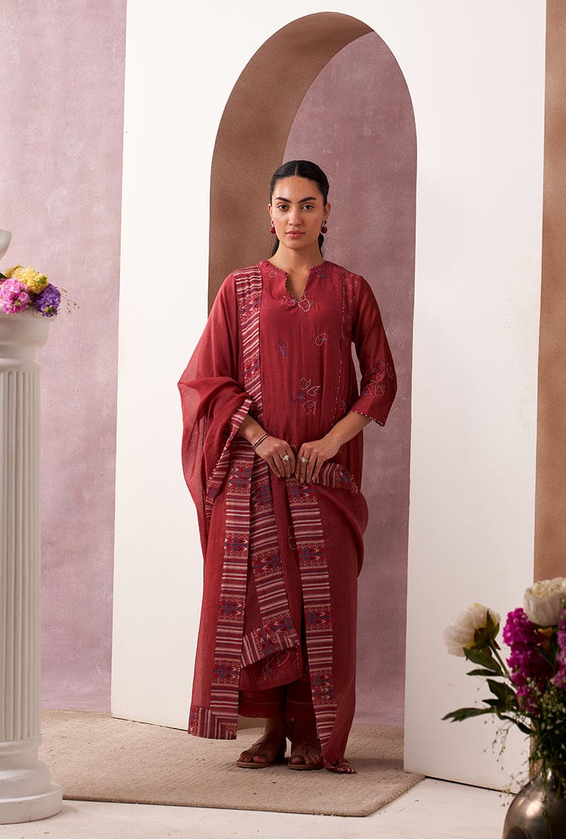 Red Classic Side Gather Mahira Kurta Set