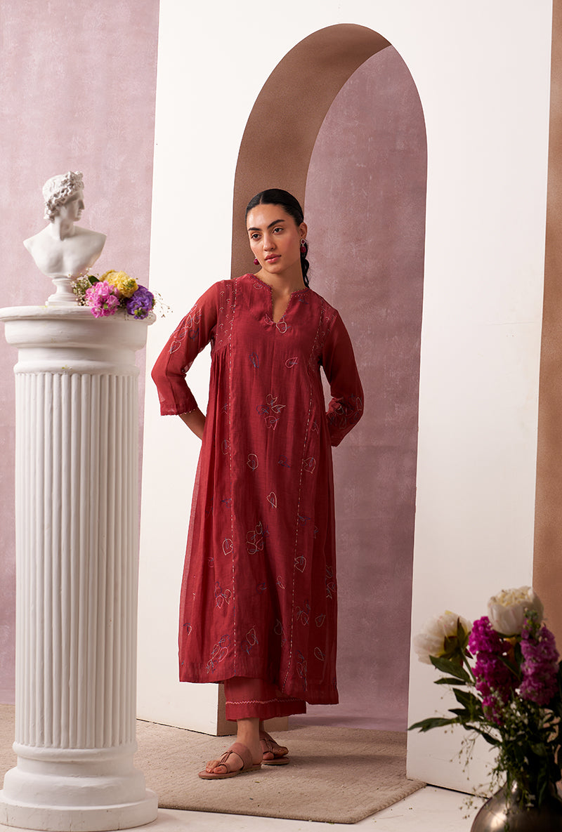 Red Classic Side Gather Mahira Kurta Set