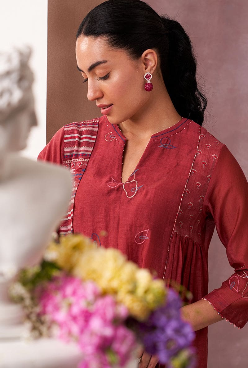 Red Classic Side Gather Mahira Kurta Set