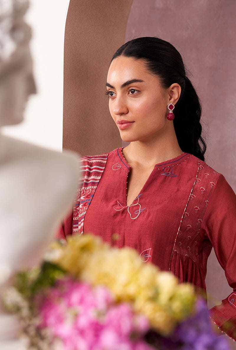 Red Classic Side Gather Mahira Kurta Set